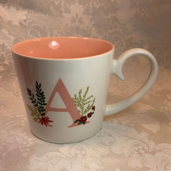 Opalhouse Stoneware Letter A Coffee Tea Cappuccino Mug Pink Lined Flowers Ferns - Picture 1 of 4